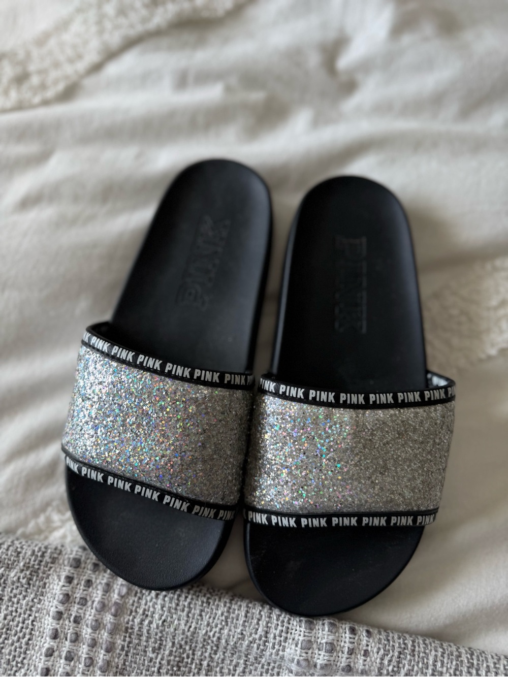 PINK Victoria's Secret Glitter Slide Sandals in Silver